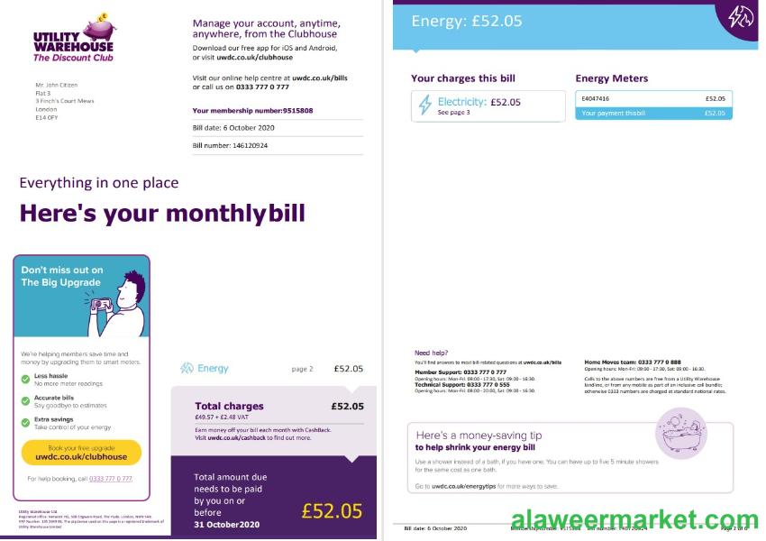 United Kingdom Utility Warehouse electricity utility bill template in Word and PDF format (6 pages) 1 2